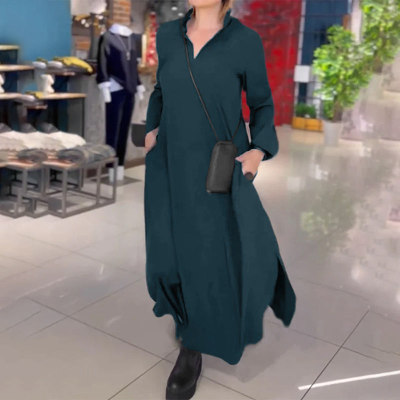 Long Loose Dress With Side Slit And Lapel