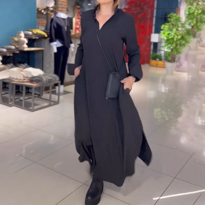 Long Loose Dress With Side Slit And Lapel