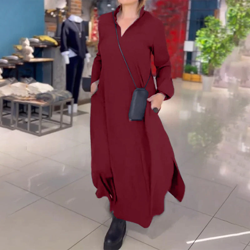 Long Loose Dress With Side Slit And Lapel