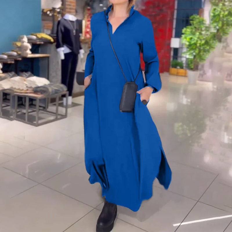 Long Loose Dress With Side Slit And Lapel