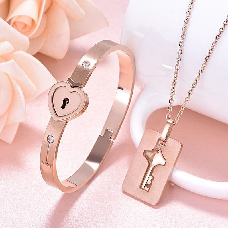 His and Hers Love Heart Lock, Bracelet & Necklace Set