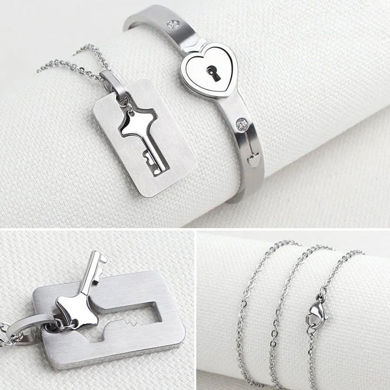 His and Hers Love Heart Lock, Bracelet & Necklace Set