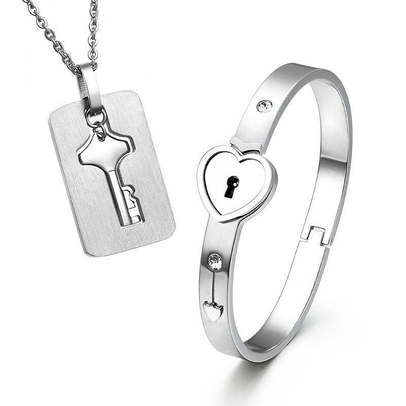 His and Hers Love Heart Lock, Bracelet & Necklace Set