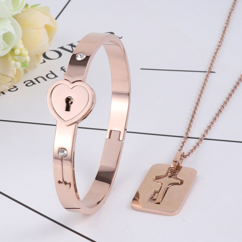 His and Hers Love Heart Lock, Bracelet & Necklace Set