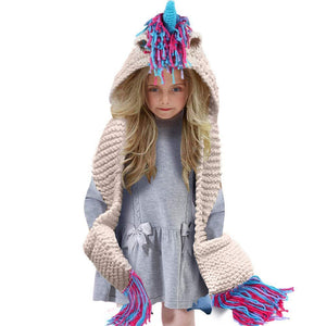 Crochet Cartoon Unicorn Winter Hat With Scarf Pocket
