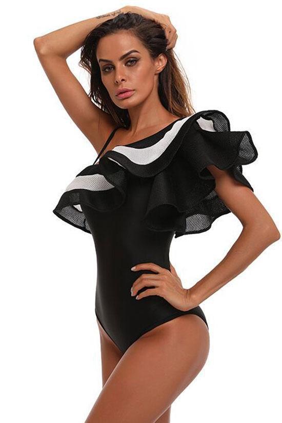 New Contrast Meshlet Ruffle One Shoulder One Piece Swimsuit in Black.AQ